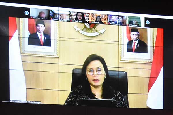 Menteri Keuangan Sri Mulyani Indrawati dalam diskusi daring di Jakarta.