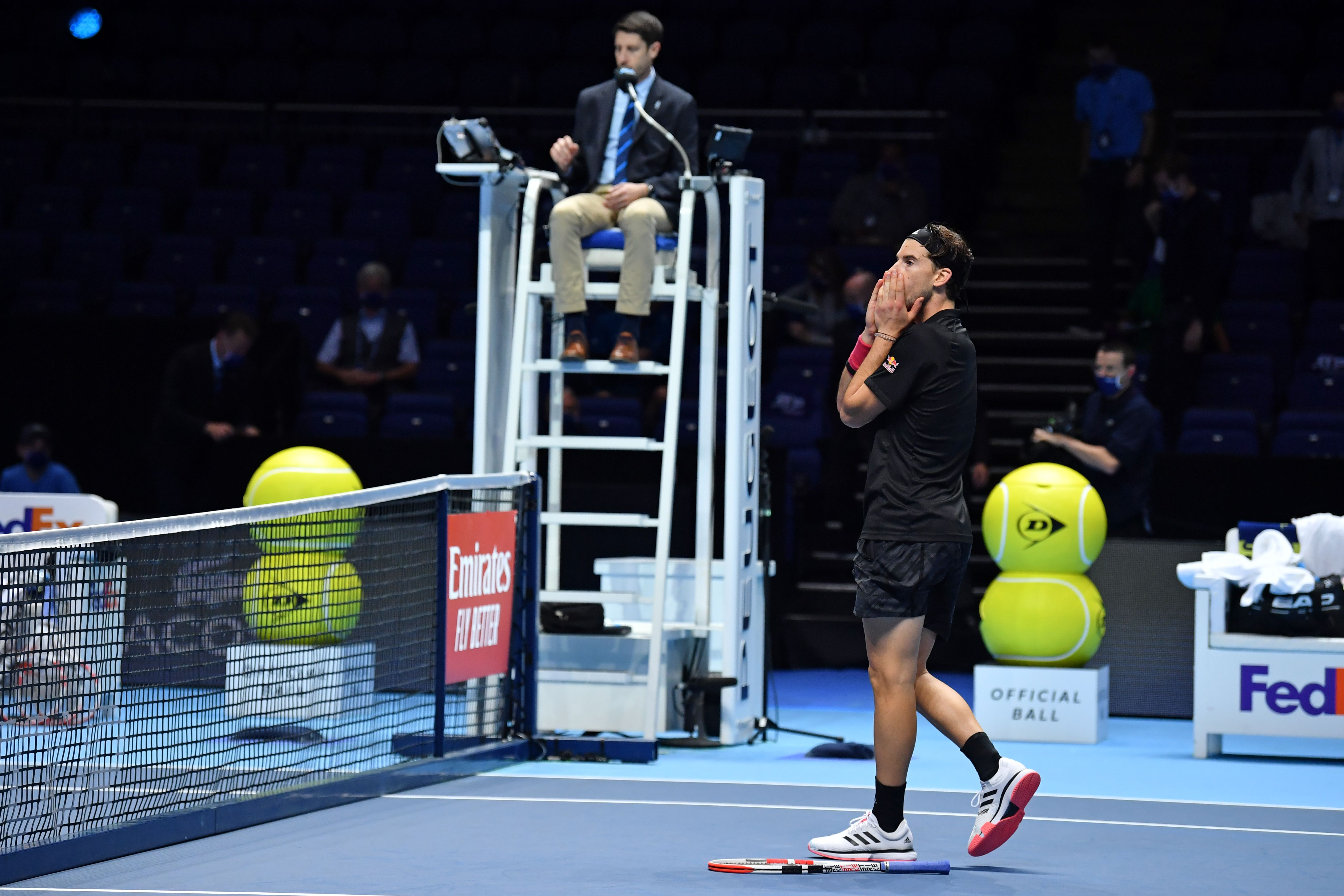 Dominic Thiem usai mengalahkan Novak Djokovic di semifinal ATP Finals