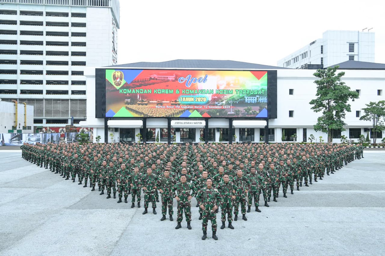 Kepala Staf Angkatan Darat Jenderal TNI Andika Perkasa memimpin acara Apel Danrem Dandim Terpusat TNI AD Tahun 2020 di Markas Besar TNI AD. 