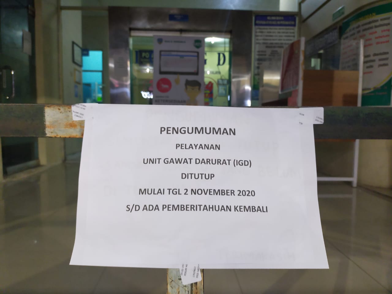 Pengumuman tidak beroperasinya IGD RSUD dr Soekardjo, Kota Tasikmalaya.
