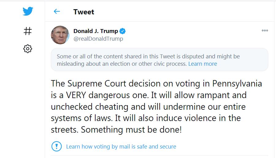 Cicitan Presiden AS Donald Trump yang ditandai oleh Twitter.
