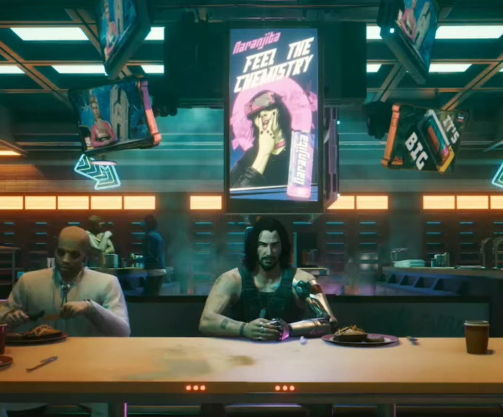 Dalam video gim Cyberpunk 2077, Keanu Reeves menjadi tokoh utama.
