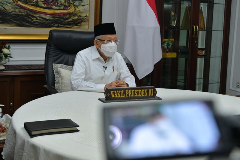 Wakil Presiden Ma’ruf Amin saat membuka Rakernas Real Estate Indonesia Tahun 2020 secara virtual di Jakarta, Kamis (3/12). 