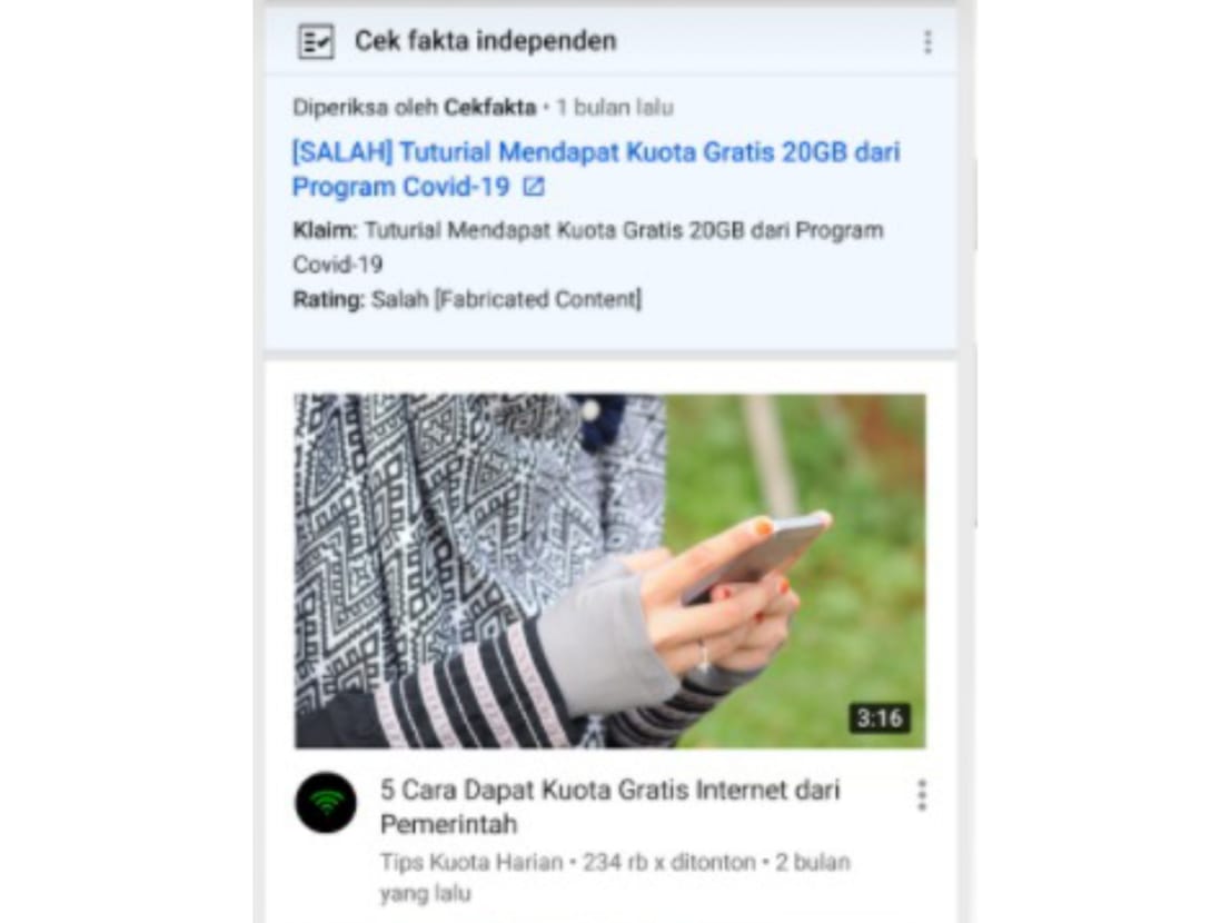 Panel cek fakta pada Youtube, salah satunya, akan muncul pada unggahan tanpa fakta yang jelas.