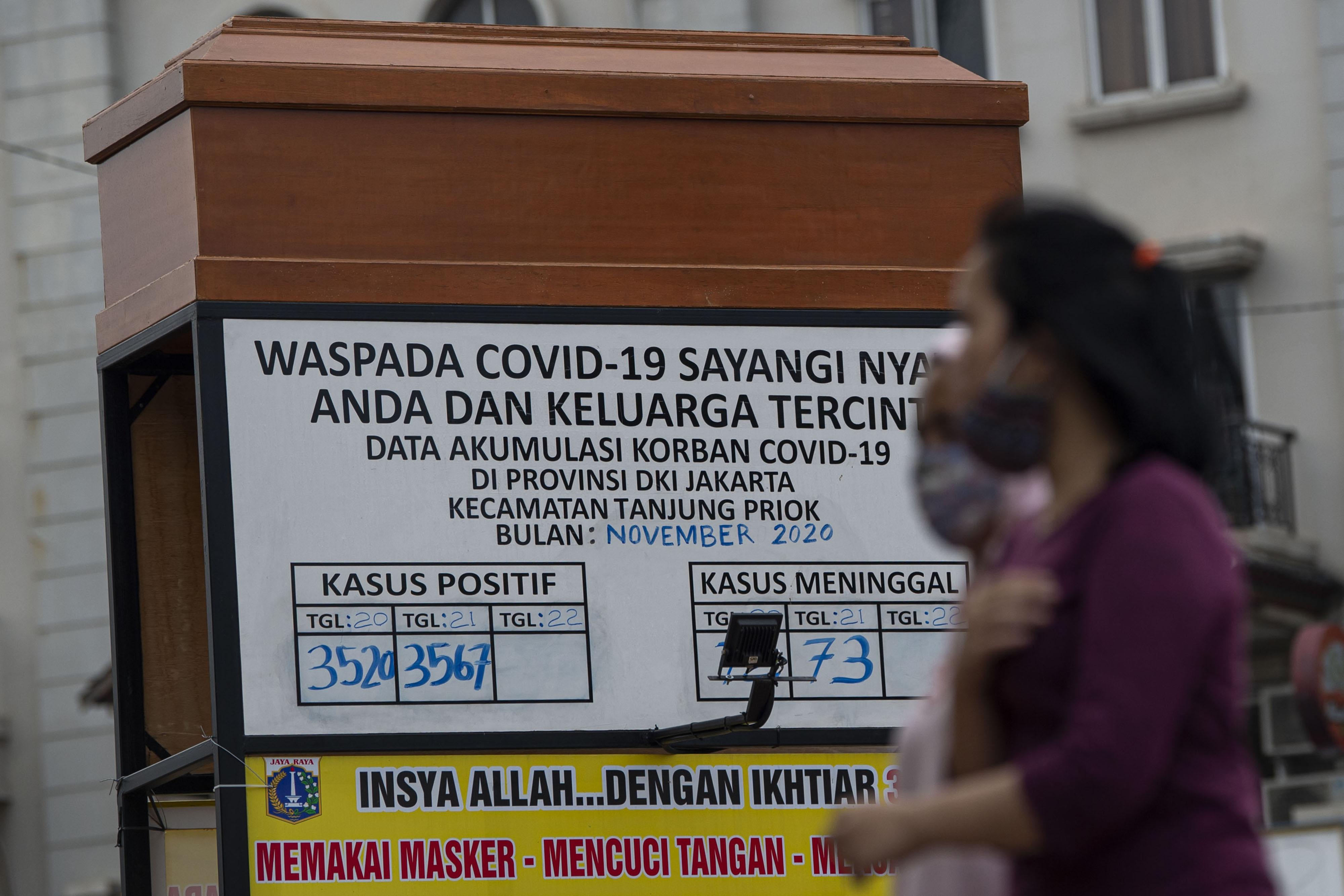  Warga melintasi papan informasi jumlah kasus COVID-19 dengan instalasi replika peti mati di kawasan Danau Sunter, Jakarta.