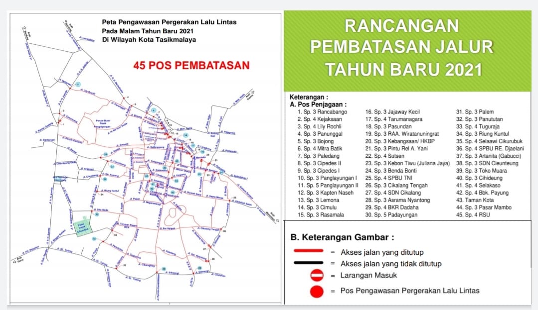 Satgas Penanganan Covid-19 ikut berjaga di 45 pos pembatasan Kota Tasikmalaya pada malam pergantian tahun, Kamis (30/12/2020).