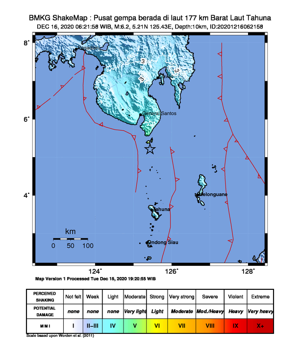 Peta gempa bumi 6,2 di Mindanao Filipina pada Rabu (16/12).