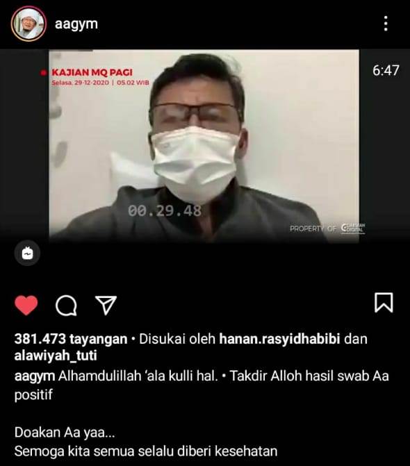 Dai kondang Abdullah Gymnastiar atau Aa Gym mengumumkan terkonfirmasi positif Covid-19 di kanal youtubenya, Selasa (29/12/2020)