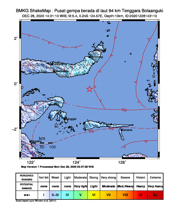 Episenter terletak di laut pada jarak 90 km arah Tenggara Kota Bolaang Uki, Sulawesi Utara.