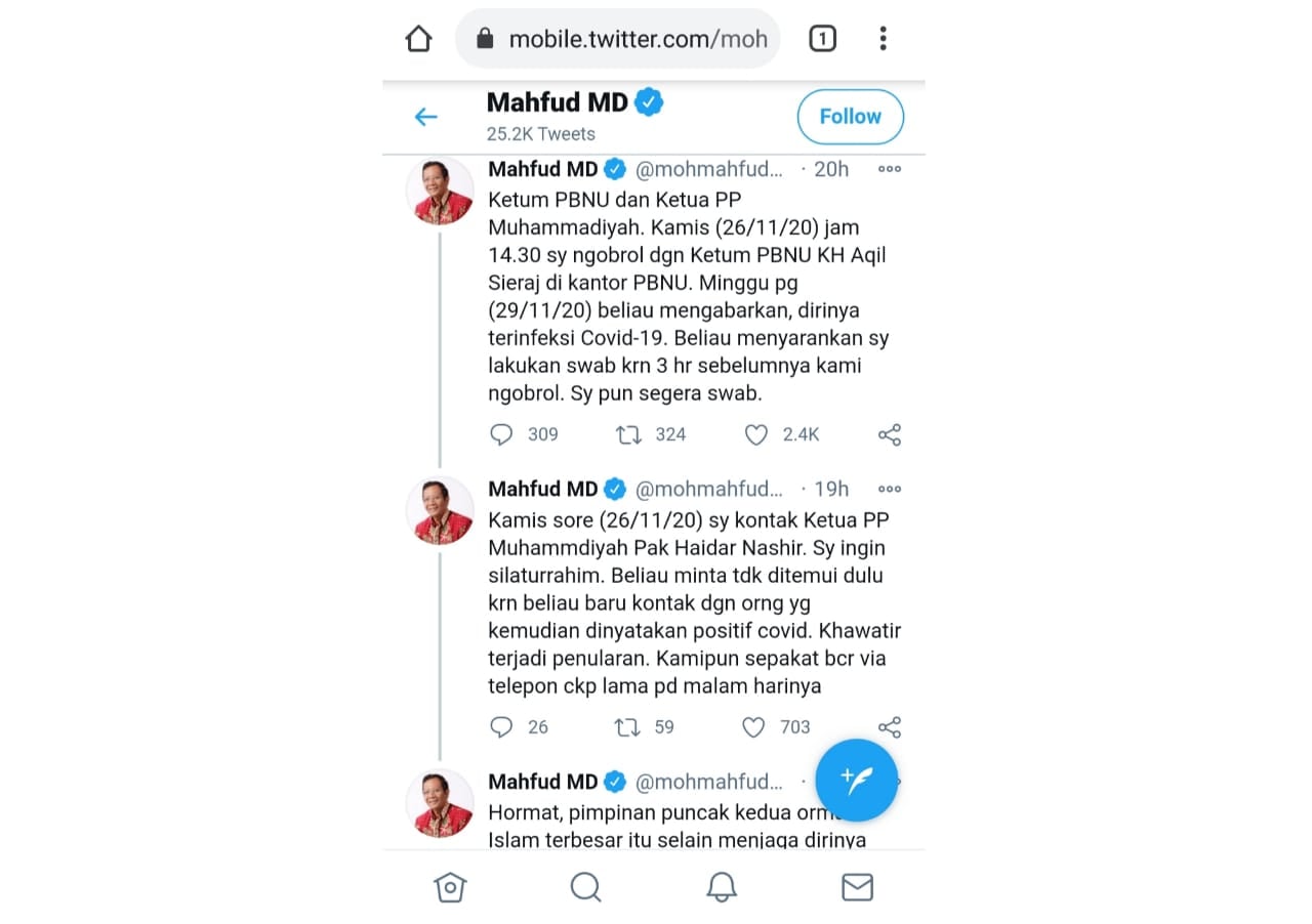Tangkapan layar Twitter Menkopolhukam Mahfud MD soal Ketua PBNU Said Aqil Siradj dan Ketua PP Muhammadiyah Haedar Nashir.