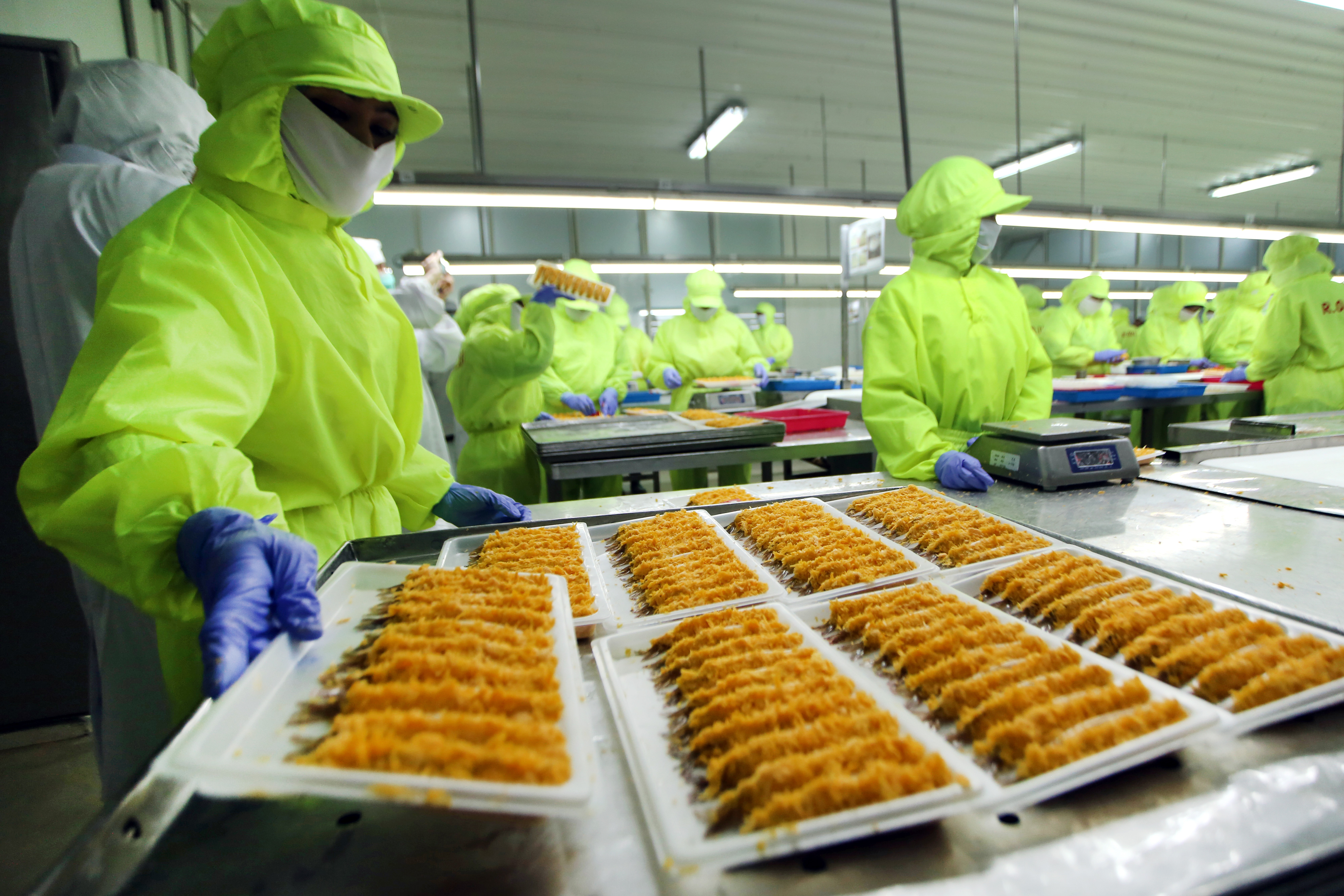 Pekerja menyelesaikan proses pengemasan udang di pabrik pengolahan udang Panca Mitra Multiperdana di Situbondo, Jawa Timur, Minggu (18/3).