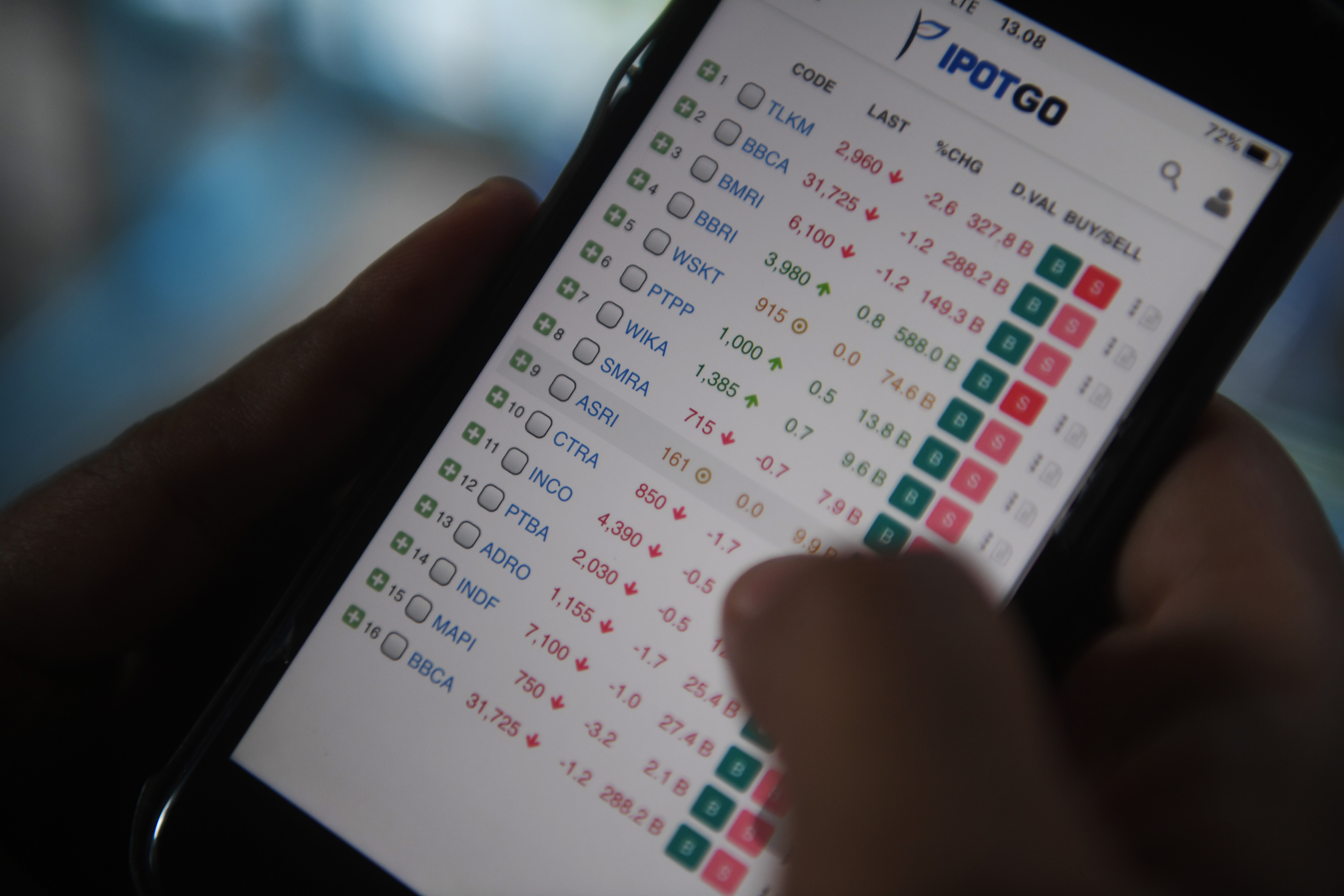 Investor memantau perdagangan saham melalui gawainya di Jakarta, Jumat (13/11/2020).