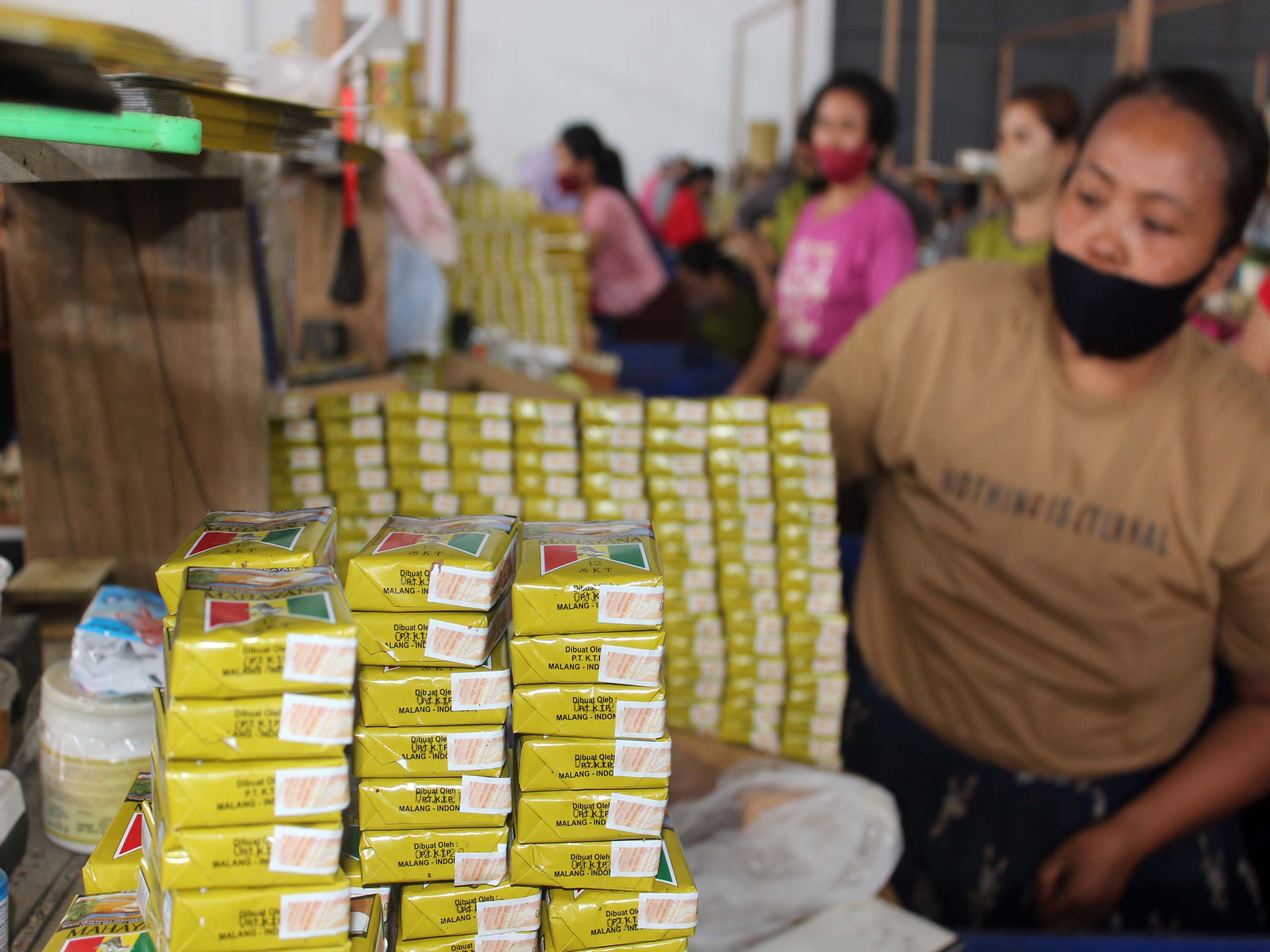 Buruh linting rokok bekerja di sebuah pabrik di Malang, Jawa Timur, Senin (23/11)