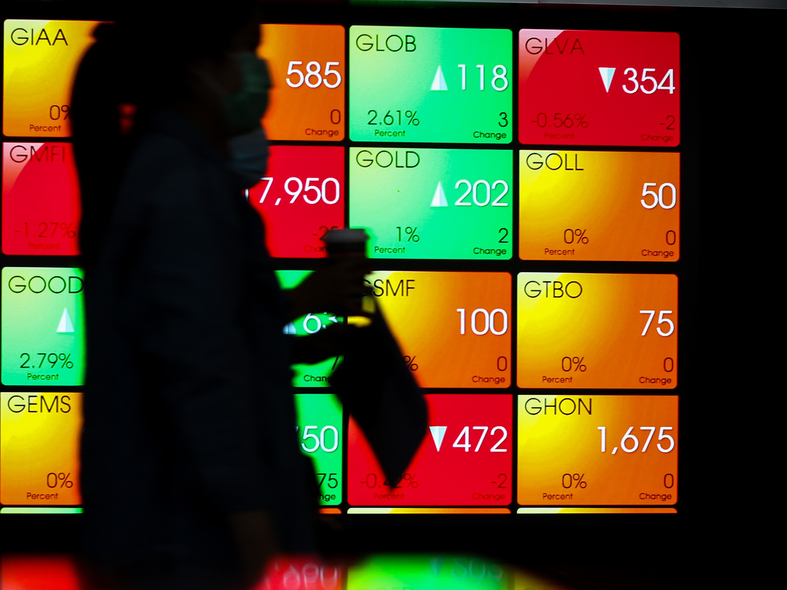 Karyawan berjalan di dekat layar pergerakan saham di gedung Bursa Efek Indonesia, Jakarta, Selasa (8/12).