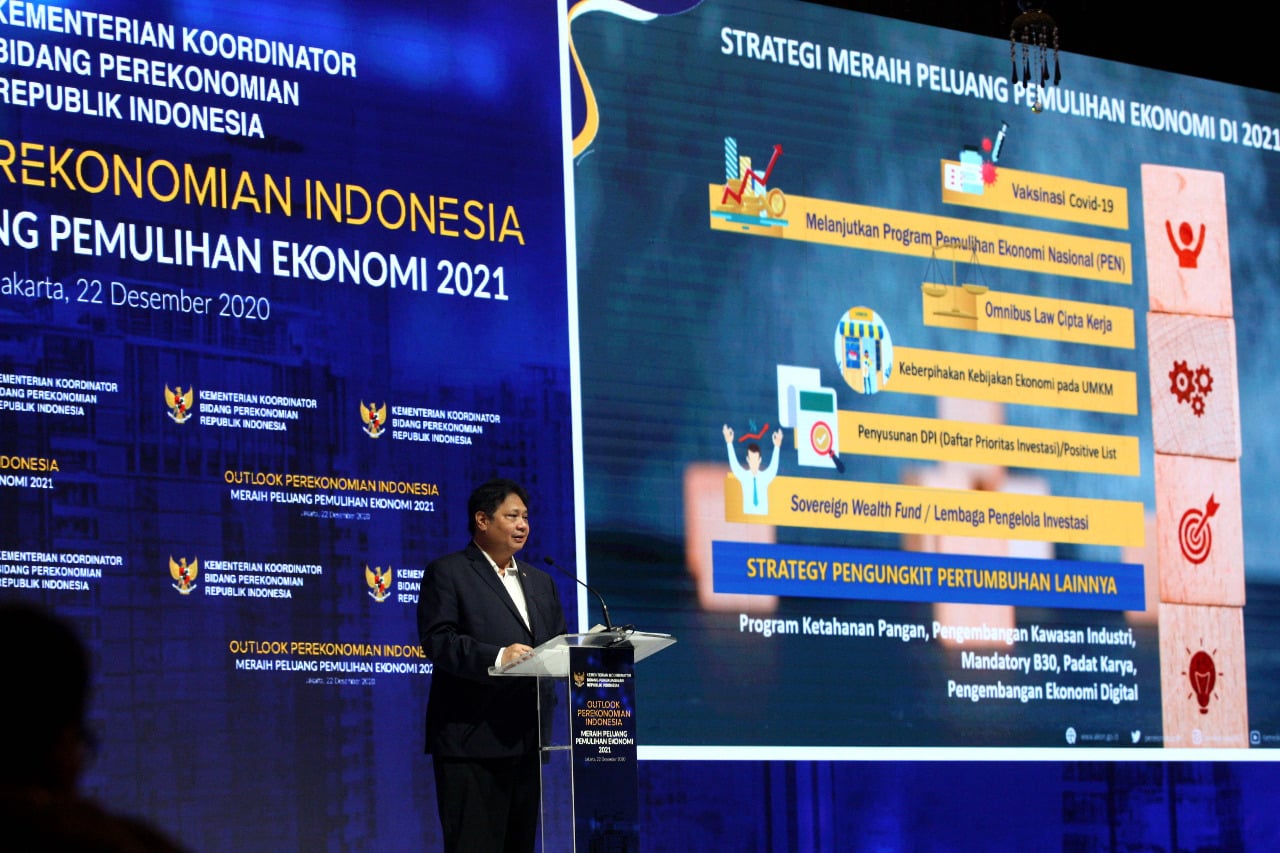 Menko Bidang Perekonomian Airlangga Hartarto dalam Outlook Perekonomian Indonesia bertajuk Meraih Peluang Pemulihan Ekonomi 2021 di Jakarta.