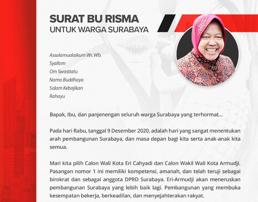  Surat cinta dari Tri Rismaharini yang masih menjabat wali kota Surabaya untuk warga Surabaya dilaporkan ke Bawaslu.