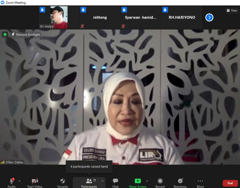 Presiden DPP LIRA Ollies Datau saat webinar bertajuk 'Menyambut Pilkada Aman dan Sehat di Depan Mata' Selasa (8/12).