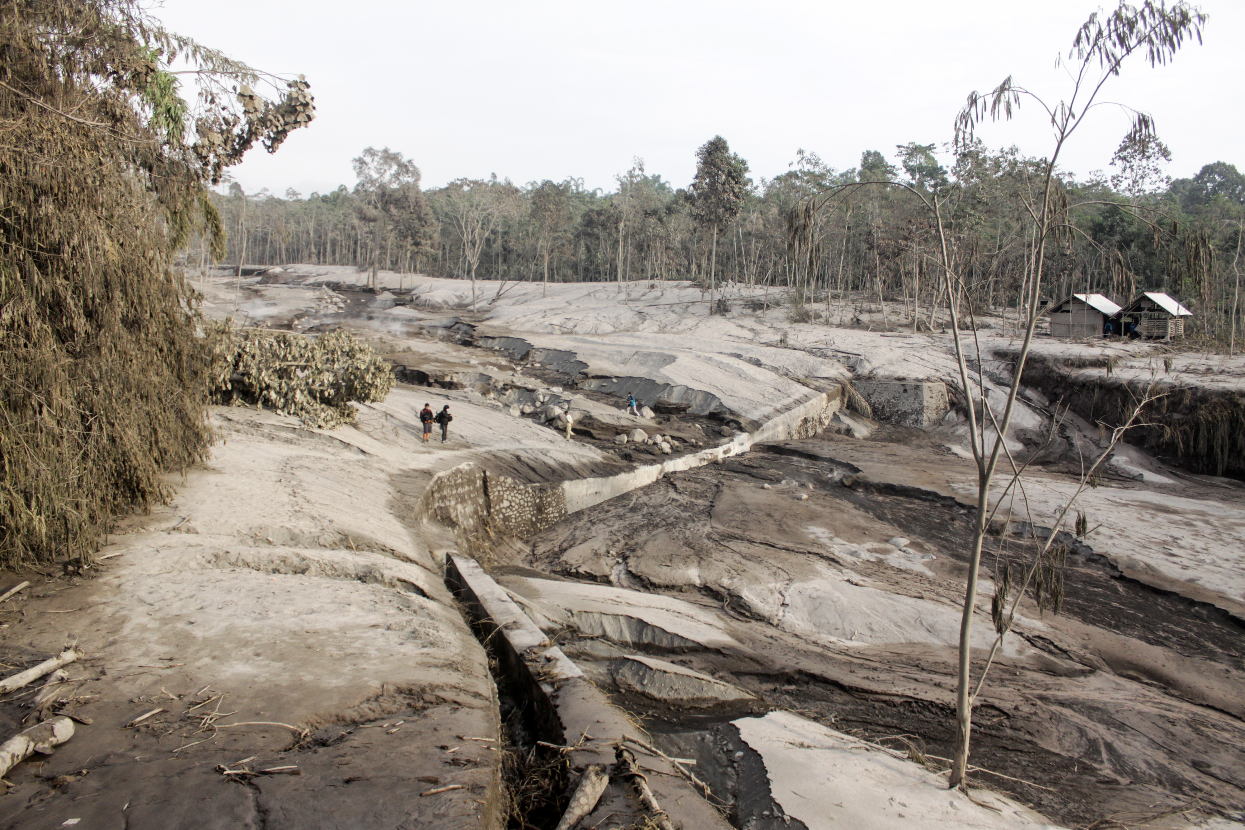 Warga mengamati jalur lahar panas Gunung Semeru di kawasan Pronojiwo, Lumajang, Jawa Timur, Rabu (2/12/2020). 