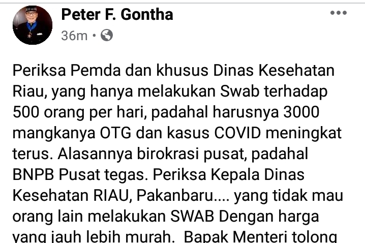 Pengusaha nasional Peter F Gontha menuntut menteri terkait untuk memeriksa Kepala Dinas Kesehatan Riau Mimi Yuliani Nazir.