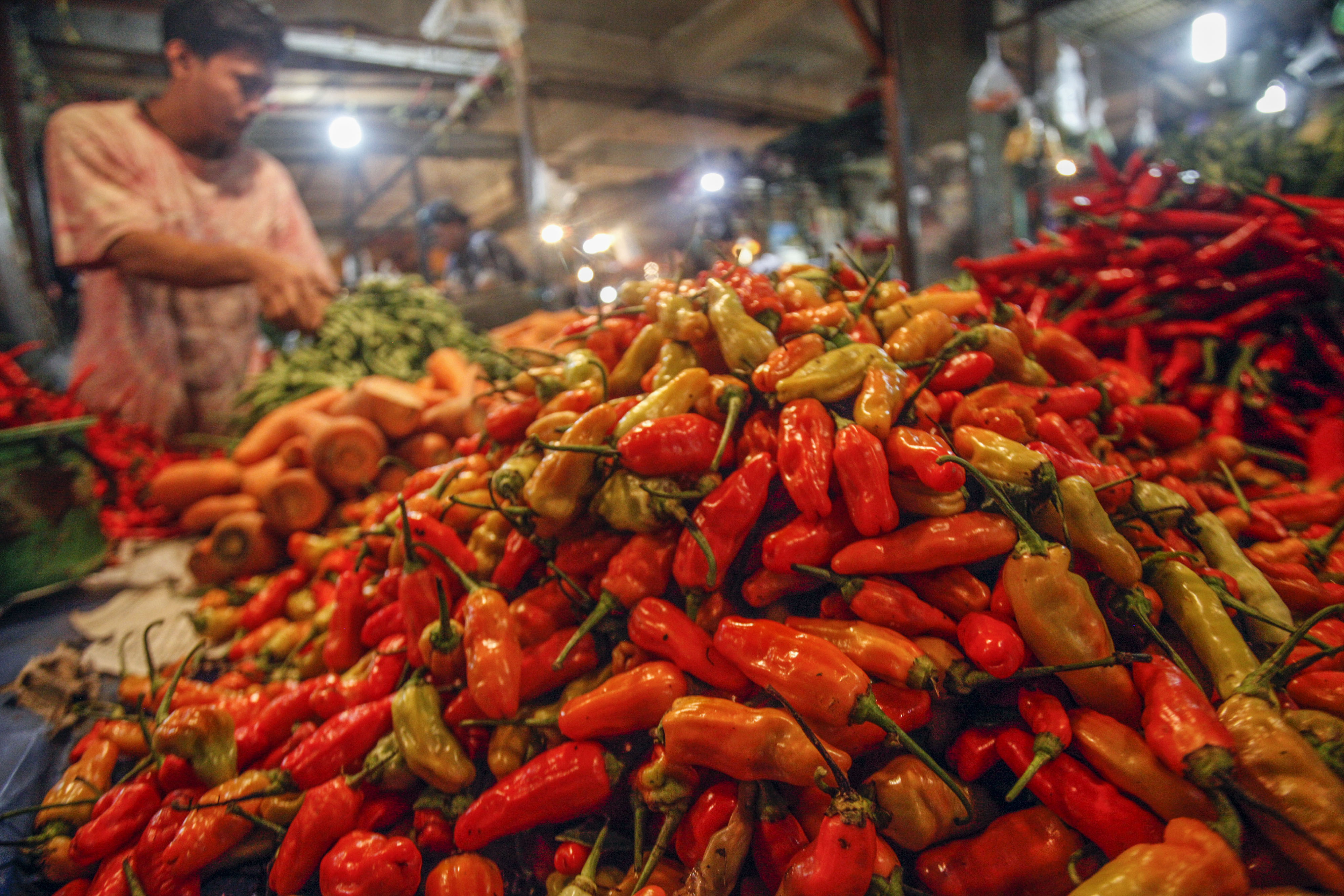 Penjual menata cabai rawit di Pasar Cibinong, Kabupaten Bogor, Jawa Barat
