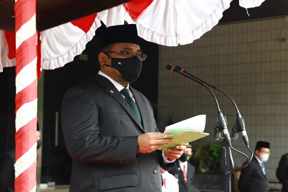 Menag Yaqut Cholil Qoumas  saat memimpin upacara Peringatan Hari Amal Bakti (HAB) ke-75 di Jakarta, Selasa (5/1/2021).