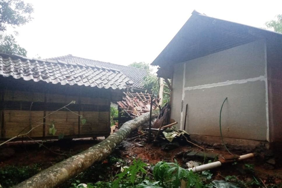 Hujan deras disertai angin kencang menguyur wilayah Tasikmalaya mengakibatkan pohon tumbang menimpa rumah dan masjid.