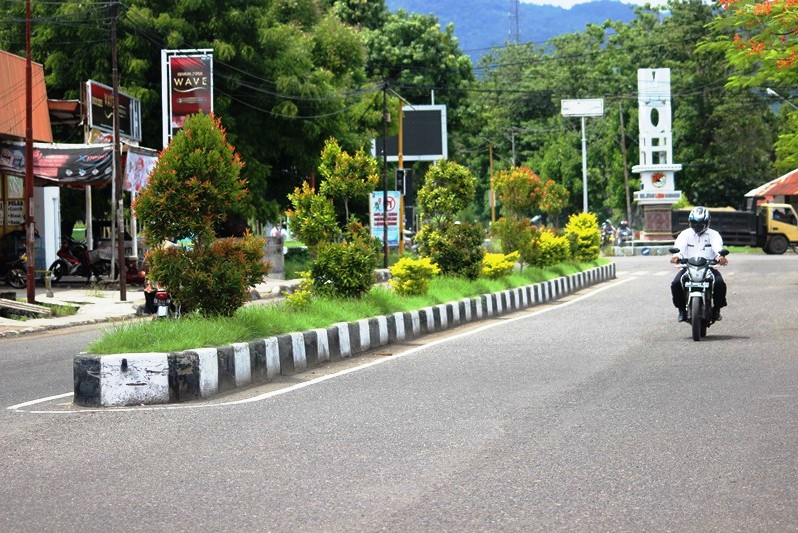 Taman bunga di median di sepanjang jalan Kota Maumere, Kabupaten Sikka, Nusa Tenggara Timur.