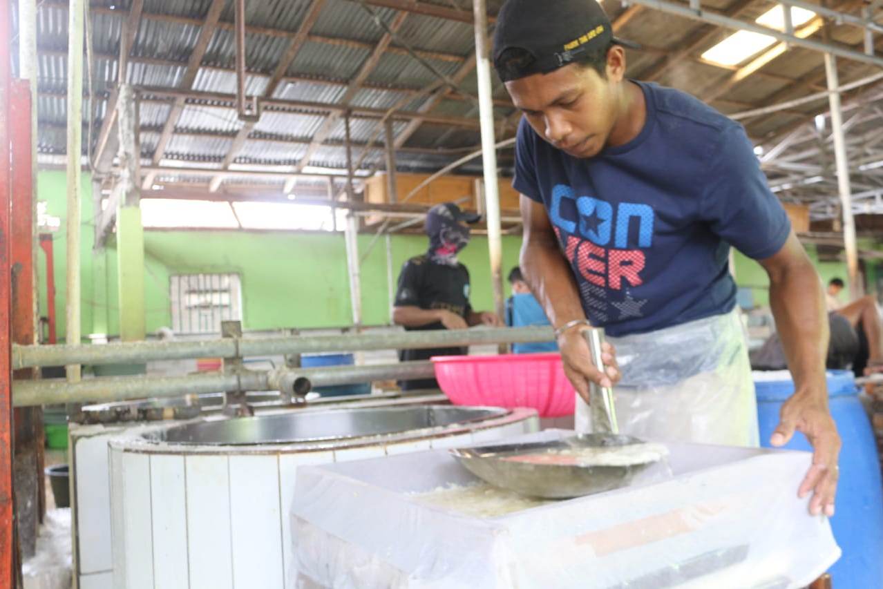 Pekerja saat melakukan produksi tahu di pabrik Jalan Jati, Kota Palu.
