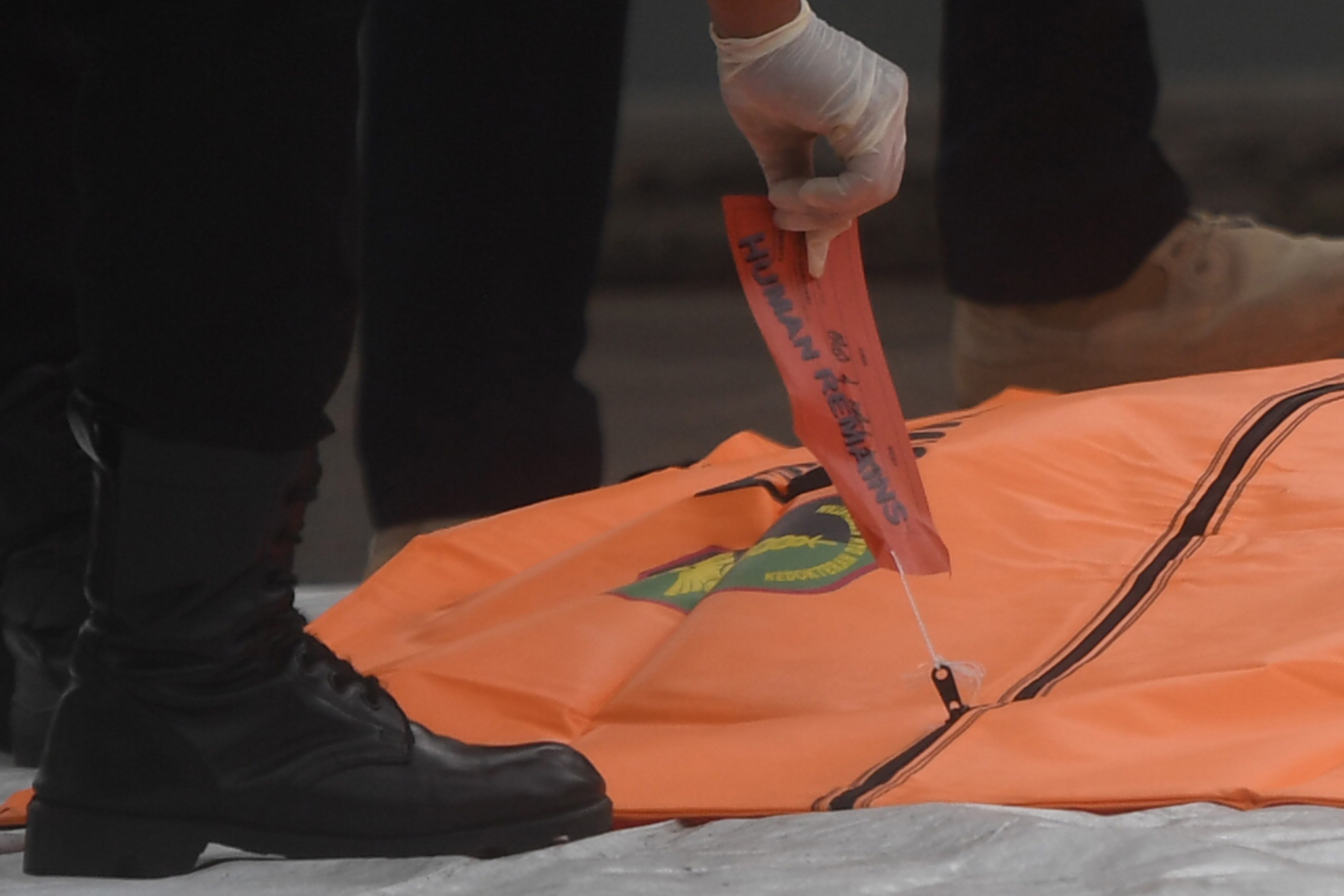 Petugas memeriksa kantung jenazah