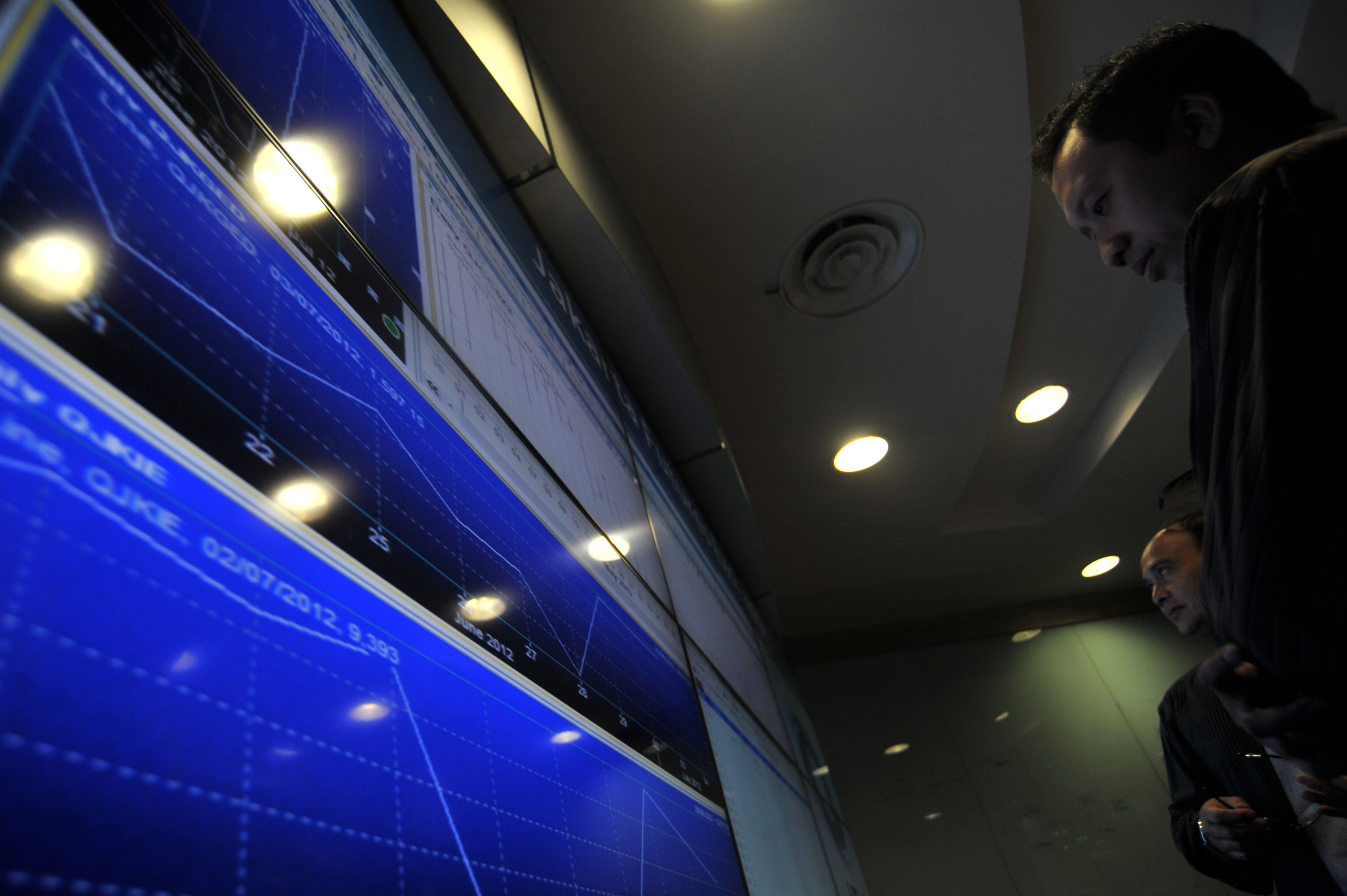  Karyawan mengamati layar monitor pergerakan bursa berjangka di Jakarta Futures Exchange (JFX), Jakarta