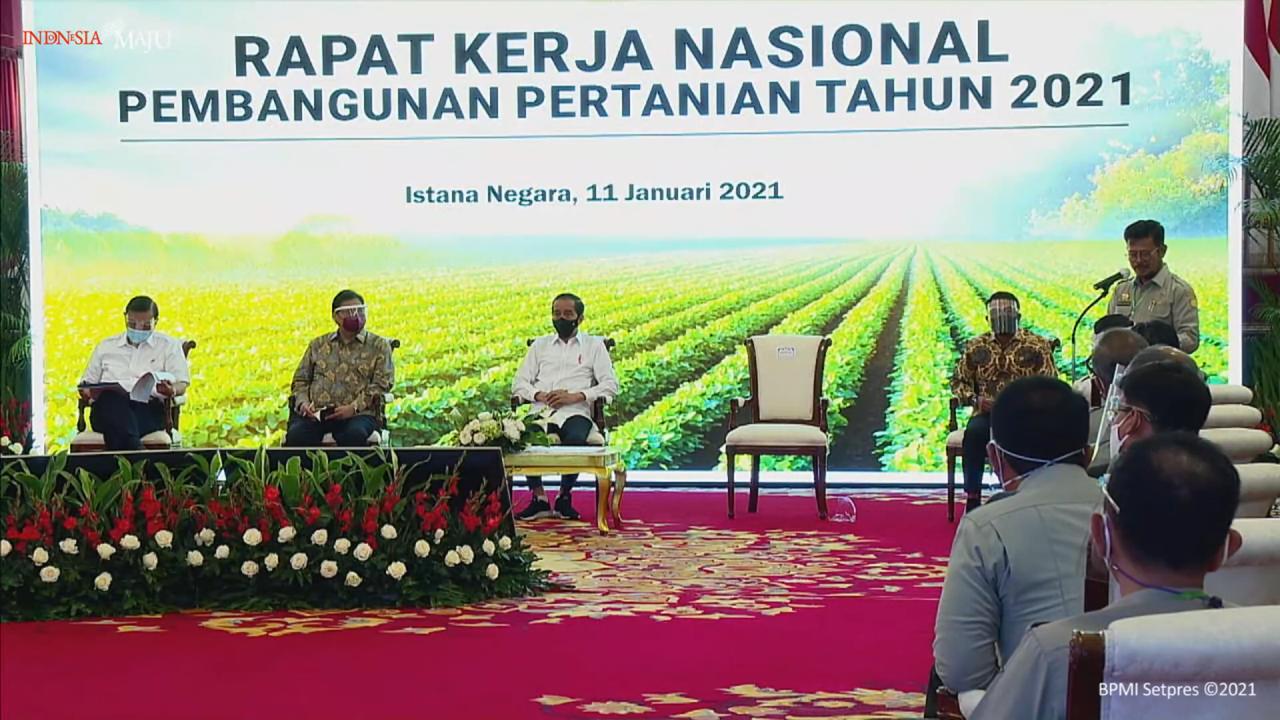 Presiden Joko Widodo membuka Rapat Kerja Nasional (Rakernas) Pembangunan Pertanian Tahun 2021 di Istana Negara, Jakarta, Senin (11/1).. 