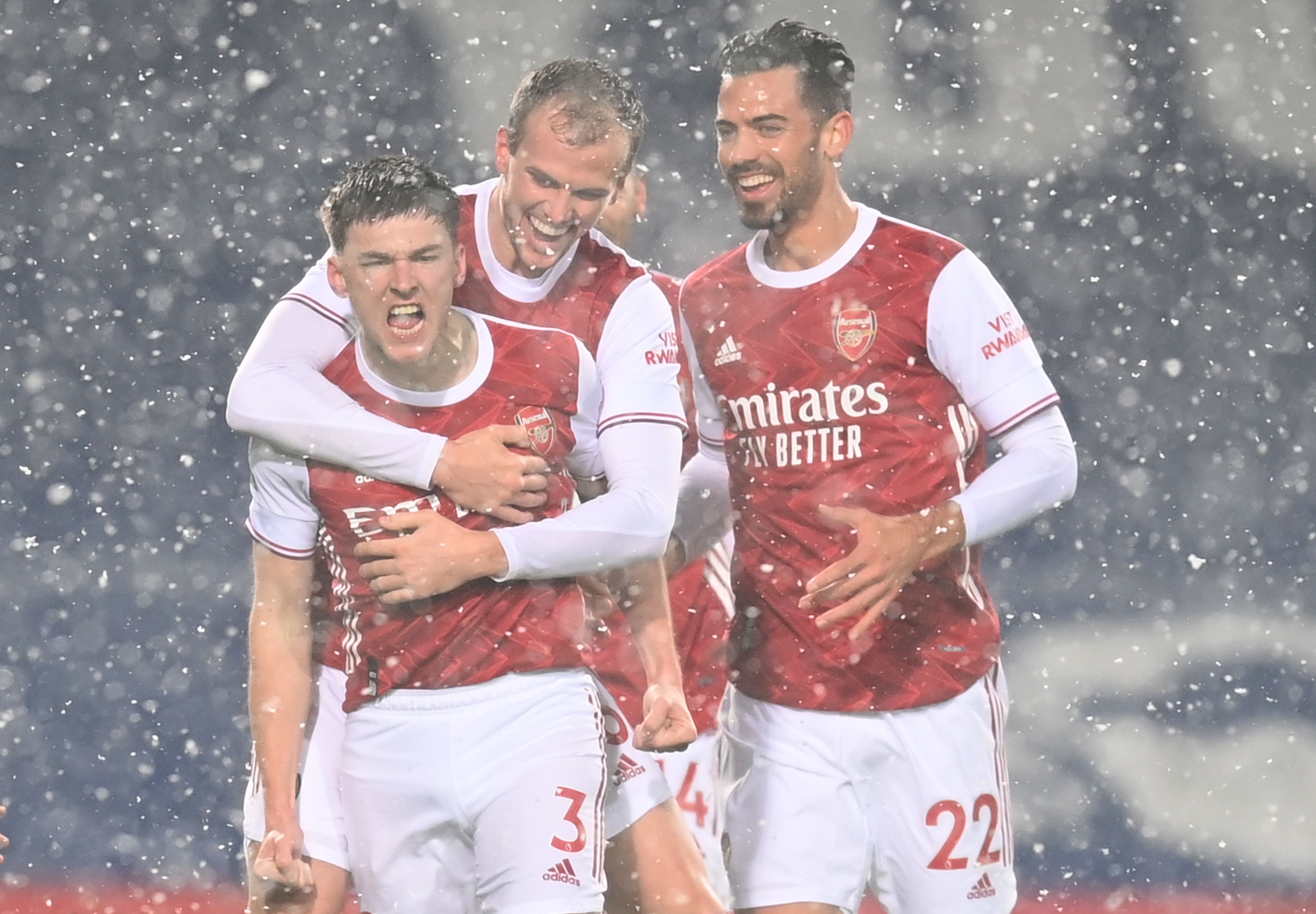 Para pemain Arsenal melakukan selebrasi usai mencetak gol ke gawang lawan.