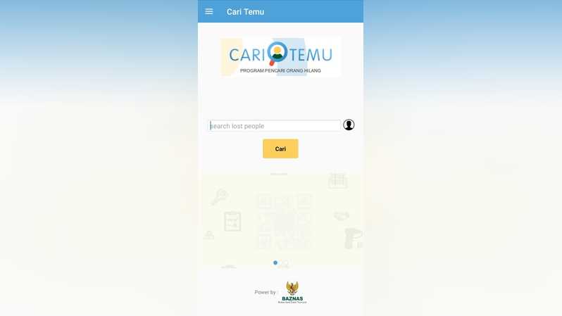 Aplikasi platform android Cari Temu Baznas menjadi wadah pencarian orang hilang. 