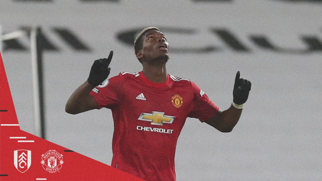 Gelandang Manchester United Paul Pogba melakukan selebrasi usai mencetak gol ke gawang Fulham di laga Liga Primer Inggris.