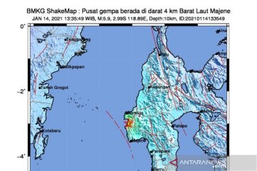 Peta gempa bumi magnitudo 5,9 yang terjadi di wilayah Majene Provinsi Sulawesi Barat pada Kamis (14/1).