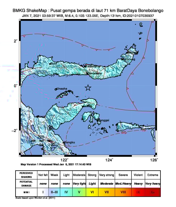 Gempa tektonik mengguncang Kabupaten Bone Bolango, Gorontalo, Kamis dini hari (7/1).
