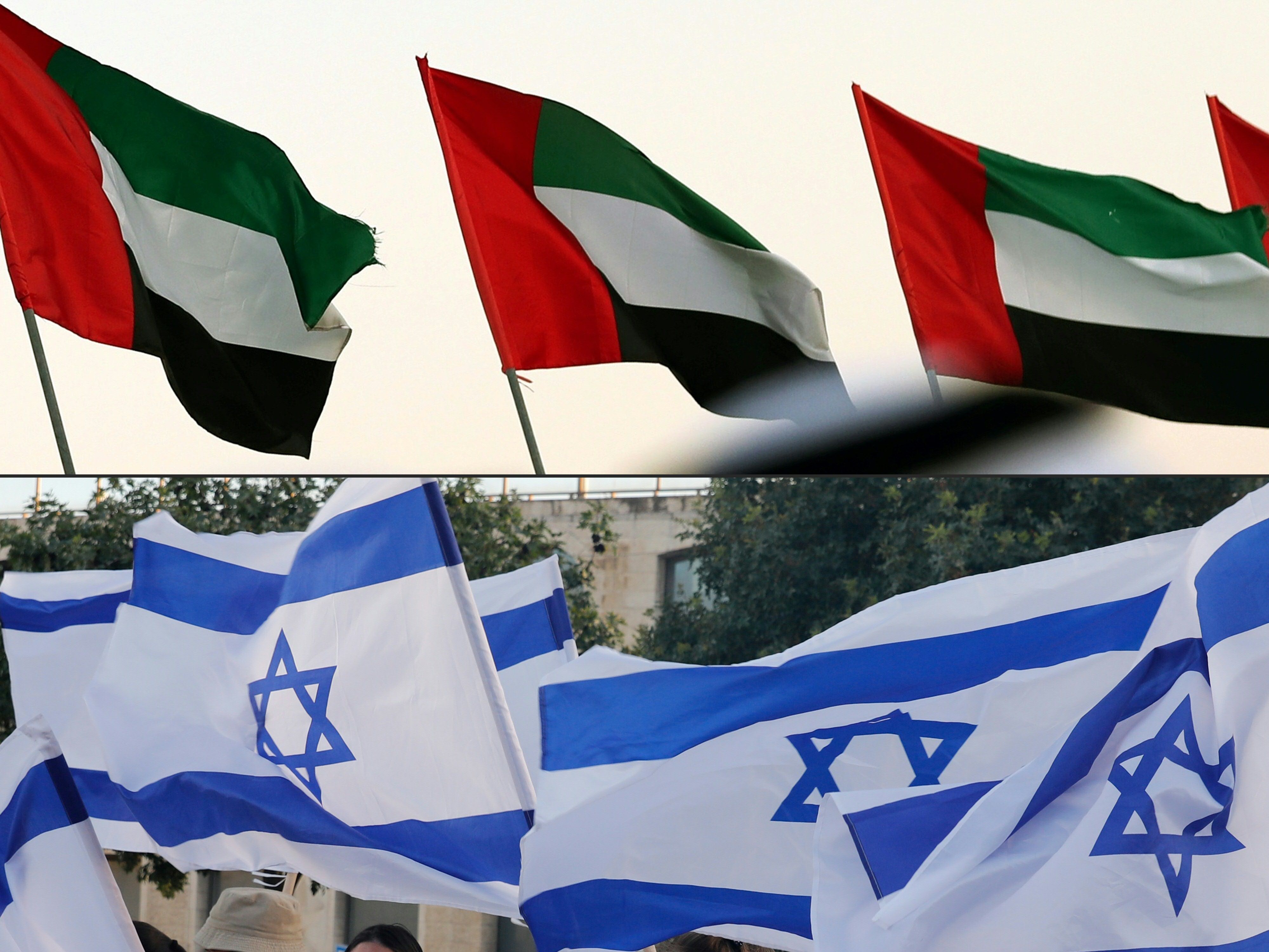 Foto ilustrasi yang menampilkan bendera Uni Emirat Arab (atas) dan bendera Israel.