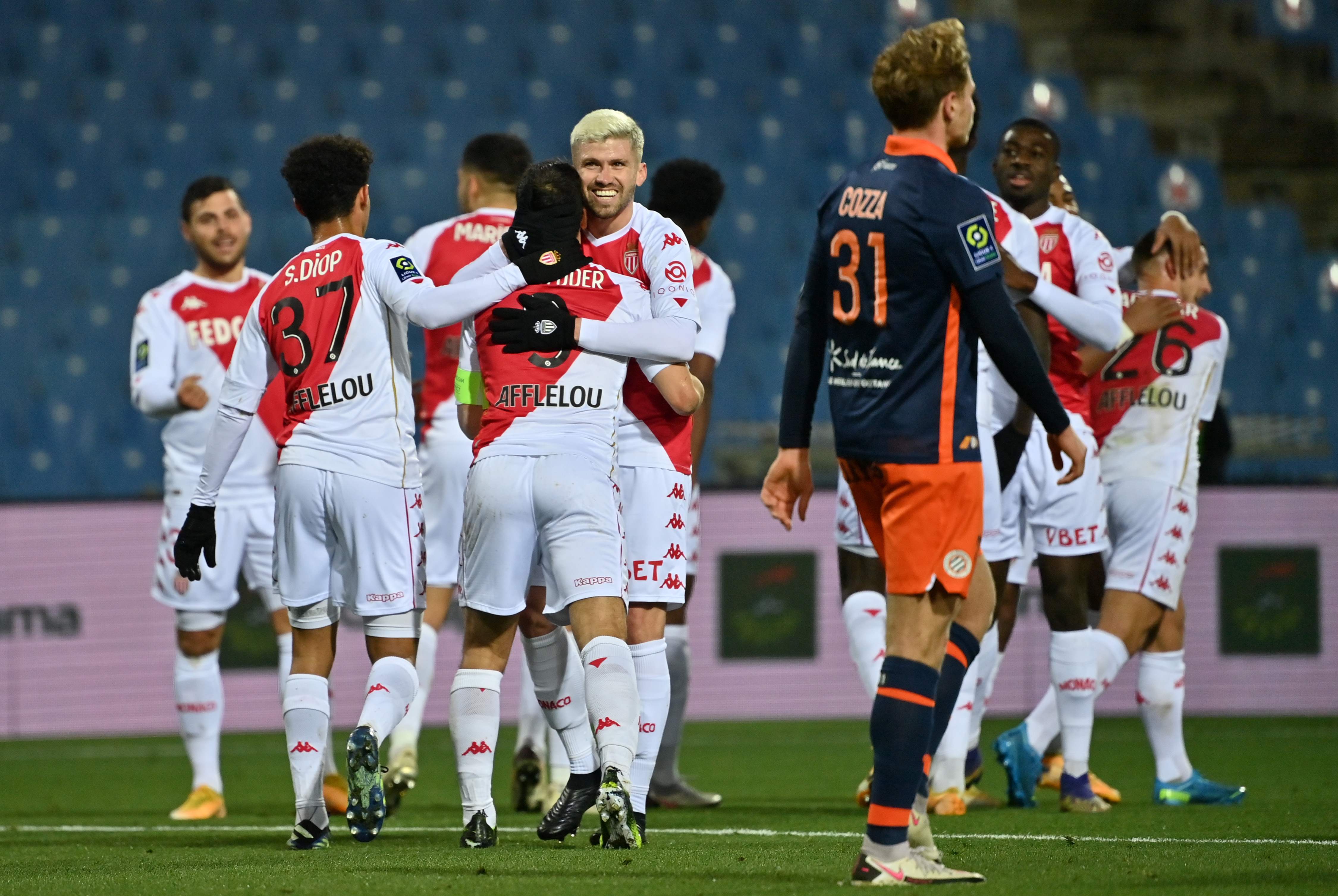 Para pemain Monaco melalukan selebrasi usai mencetak gol ke gawang Montpellier di laga Ligue 1.