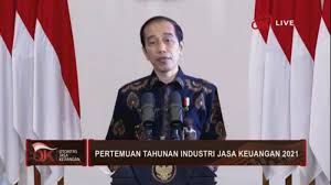 Persiden Jokowi memberikan sambutan saat acara Pertemuan Tahunan Industri Jasa Keuangan 2021 secara virtual, kemarin.