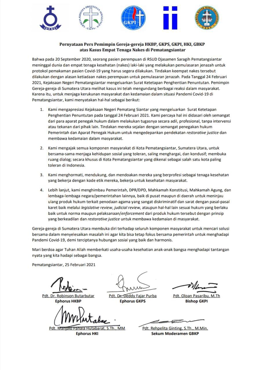 Surat pernyataan pemimpin gereja-gereja di Sumut terkait penghentian kasus pemusalaran jenazah perempuan positif covid-19.