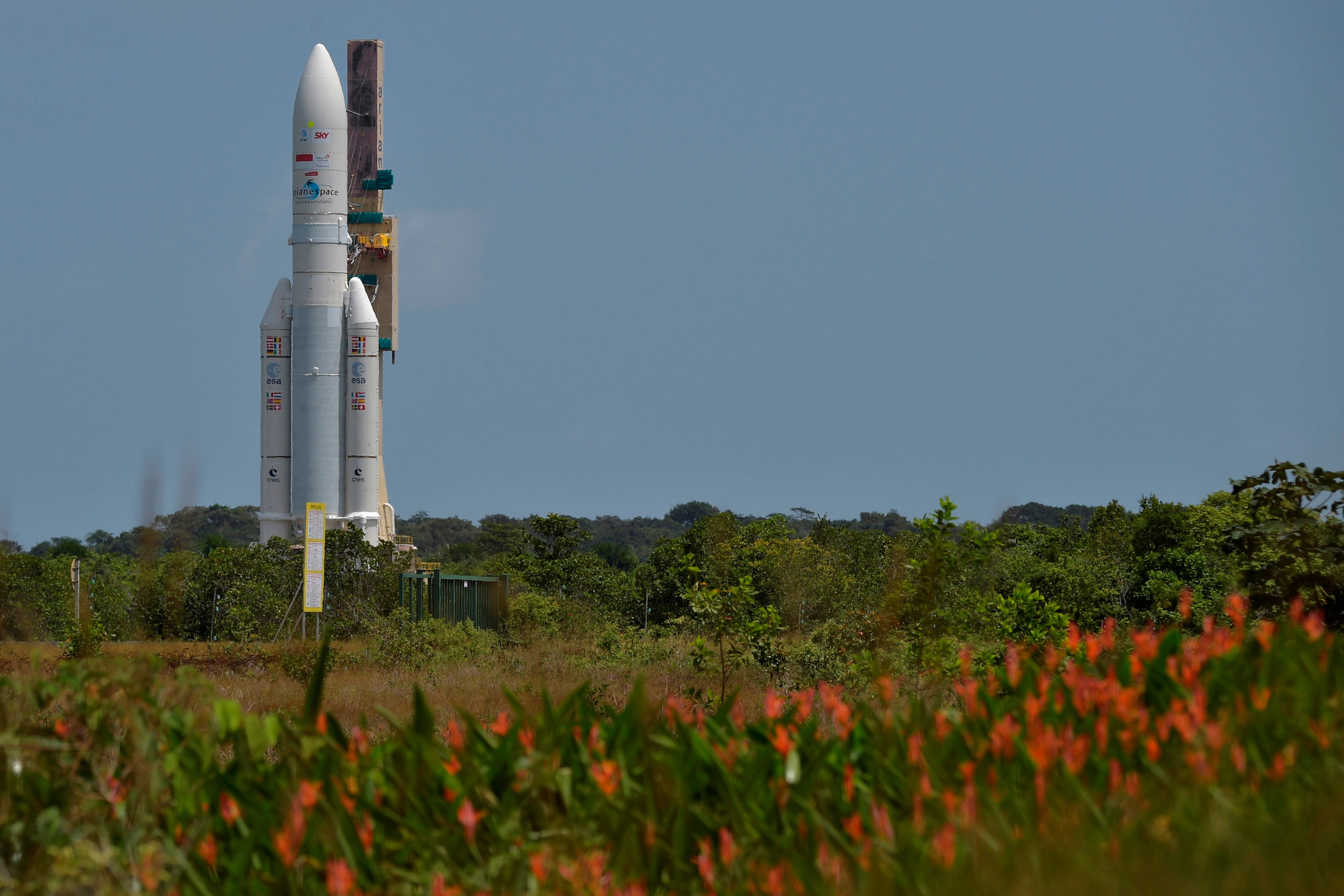 Roket Ariane 5 yang membawa satelit Telkom 3S dipersiapkan menempati titik luncur di fasilitas milik Arianespace, Kourou, Guyana Prancis.