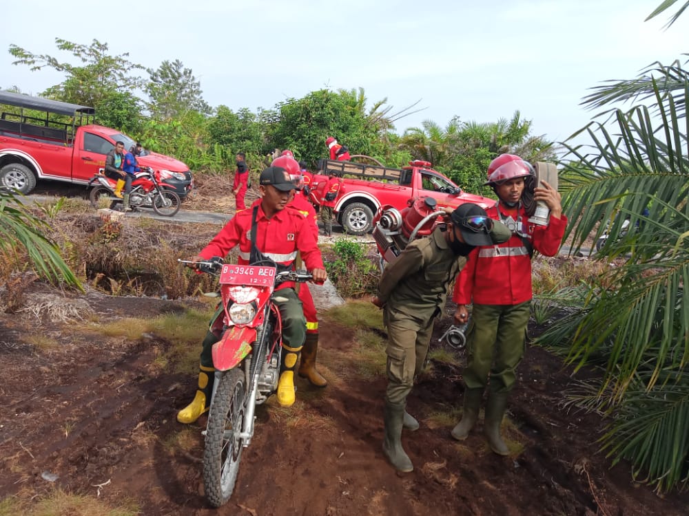 Petugas bahu membahu memadamkan kebakaran hutan dan lahan yang sempat terjadi di Kabupaten Siak, Provinsi Riau.