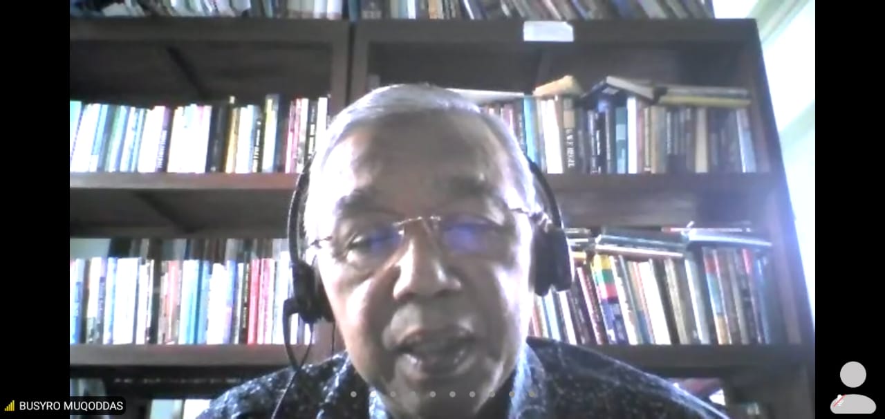 Ketua Bidang Hukum dan HAM PP Muhammadiyah Busyro Muqaddas saat membuka webinar tentang reformasi Polri, Kamis (4/2).