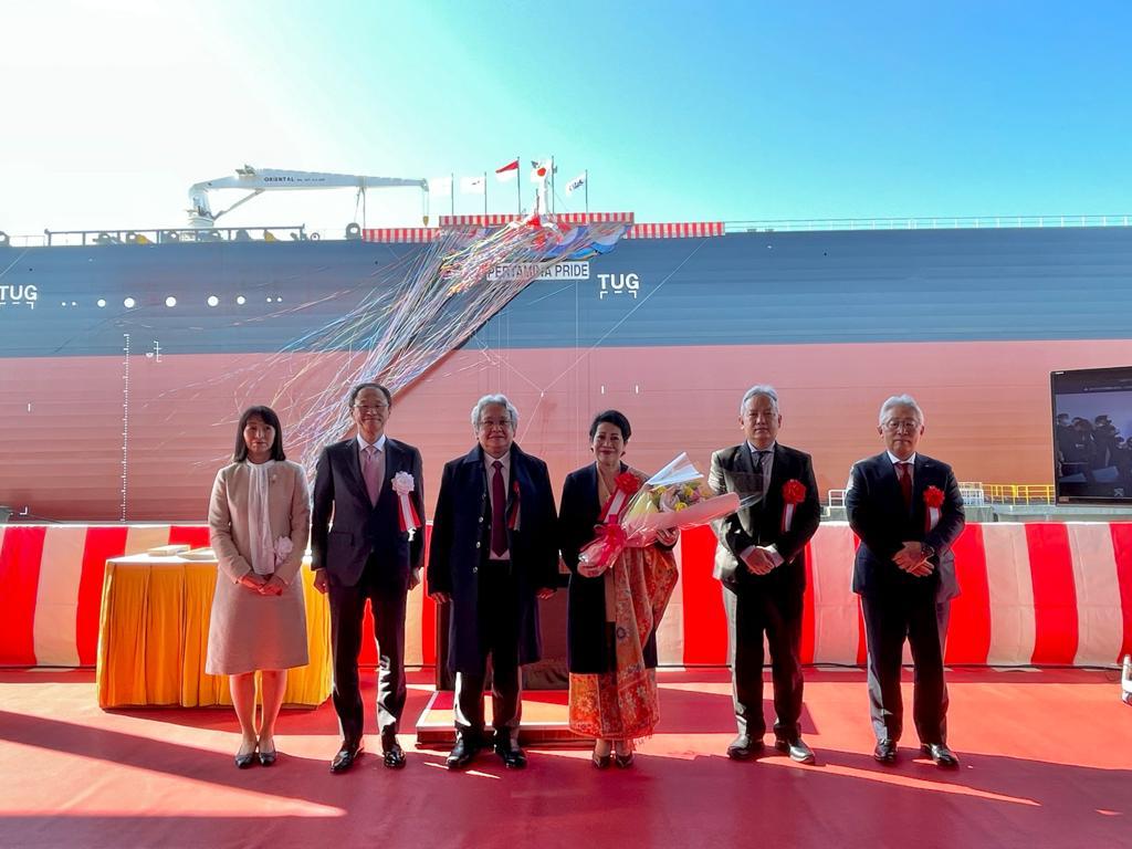 Peresmian kapal super tanker Pertamina Pride di Galangan Kapal Ariake Japan Marine United, Kumamoto, Jepang, Selasa (9/2).