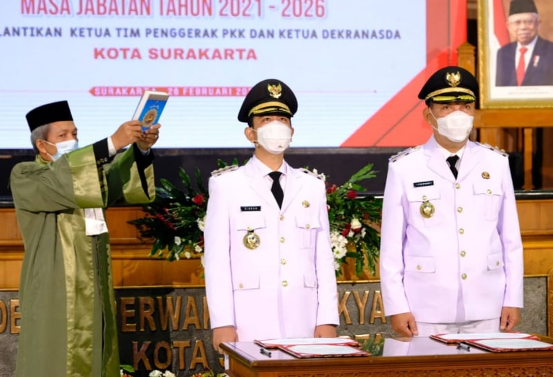 Pelantikan Gibran Rakabuming Raka  dan Teguh Prakosa sebagai Wali Kota dan Wakil Wali Kota Surakarta, Jumat (26/2/2021).
