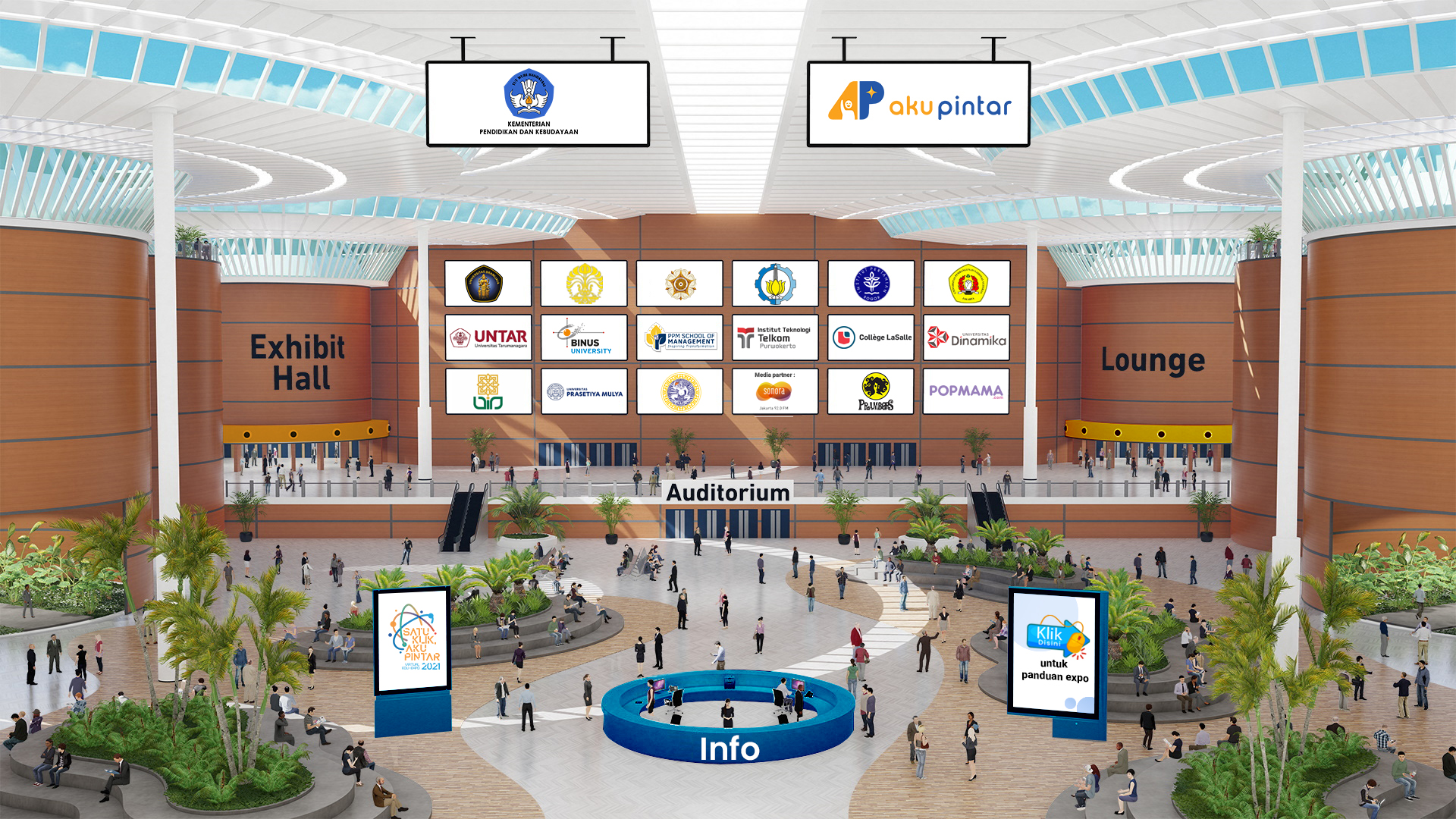 Tampilan dari lobi virtual di Satu Klik, Aku Pintar Virtual Edu-Expo 2021.