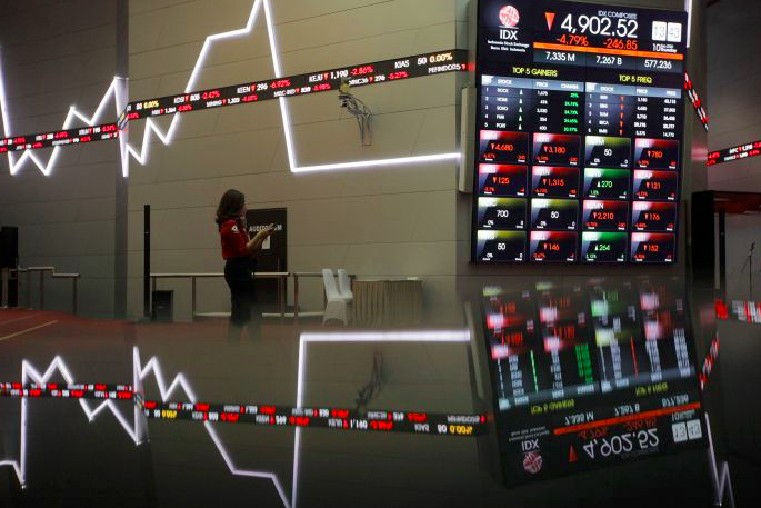 Karyawan mengamati layar pergerakan perdagangan saham di Bursa Efek Indonesia, Jakarta, Kamis (10/9/2020). 