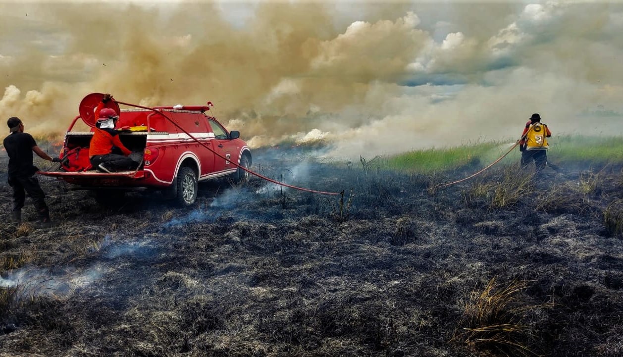 Personel Manggala Agni berusaha memadamkan api yang membakar lahan di Taman Nasional Rawa Aopa Watumohai, Bombana, Sulawesi Tenggara.
