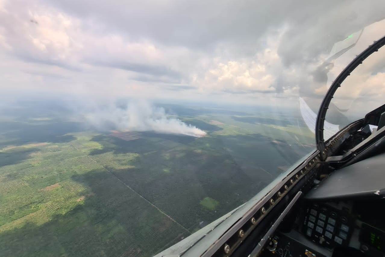 Harpy Flight dari Rydder Skadron Udara 16 Wing 6 Lanud Roesmin Nurjadin melakukan patroli udara di lokasi kebakaran hutan dan lahan. 