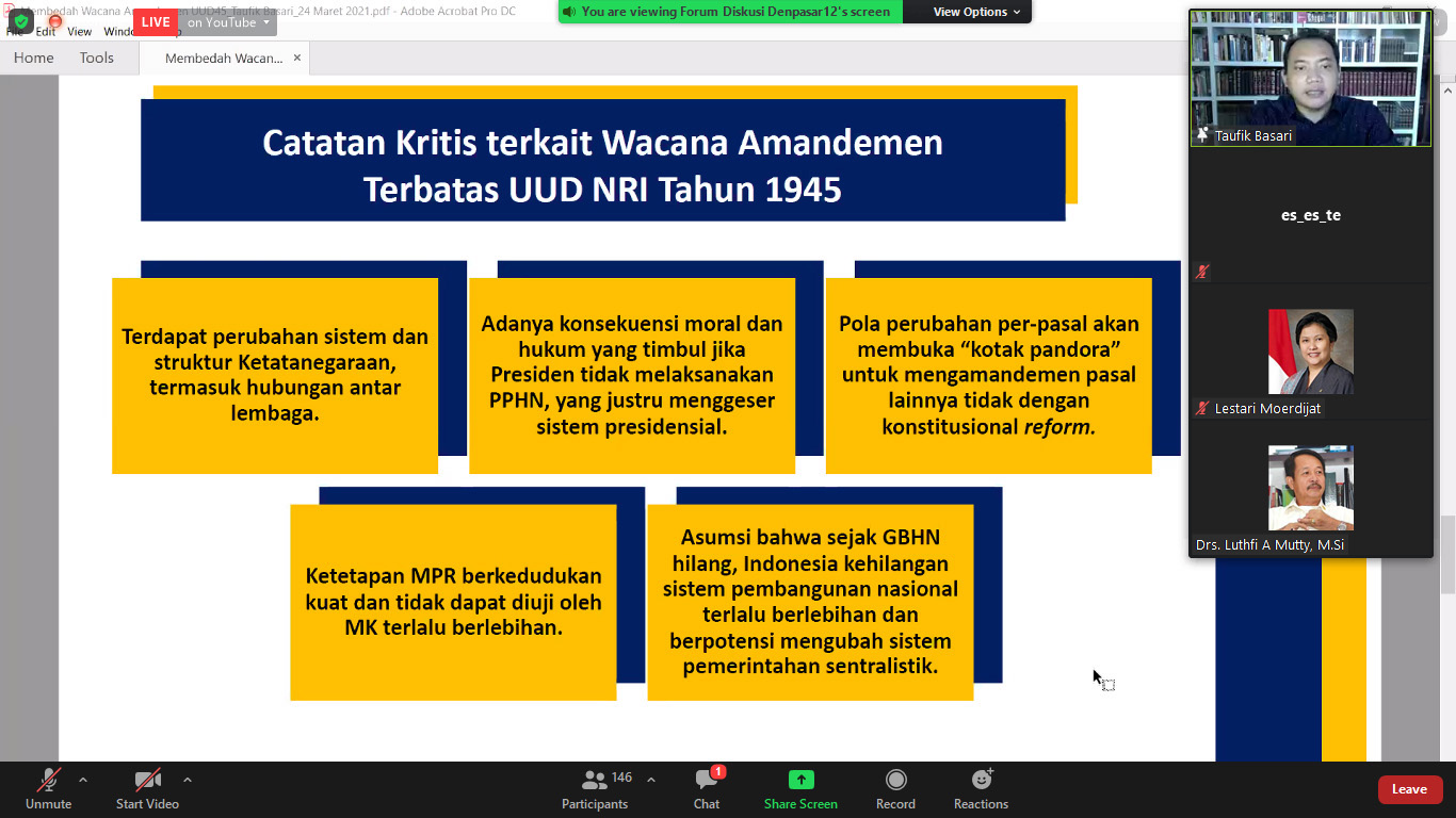 Diskusi webinar yang digelar oleh Forum Diskusi Denpasar 12 di Jakarta, hari ini.